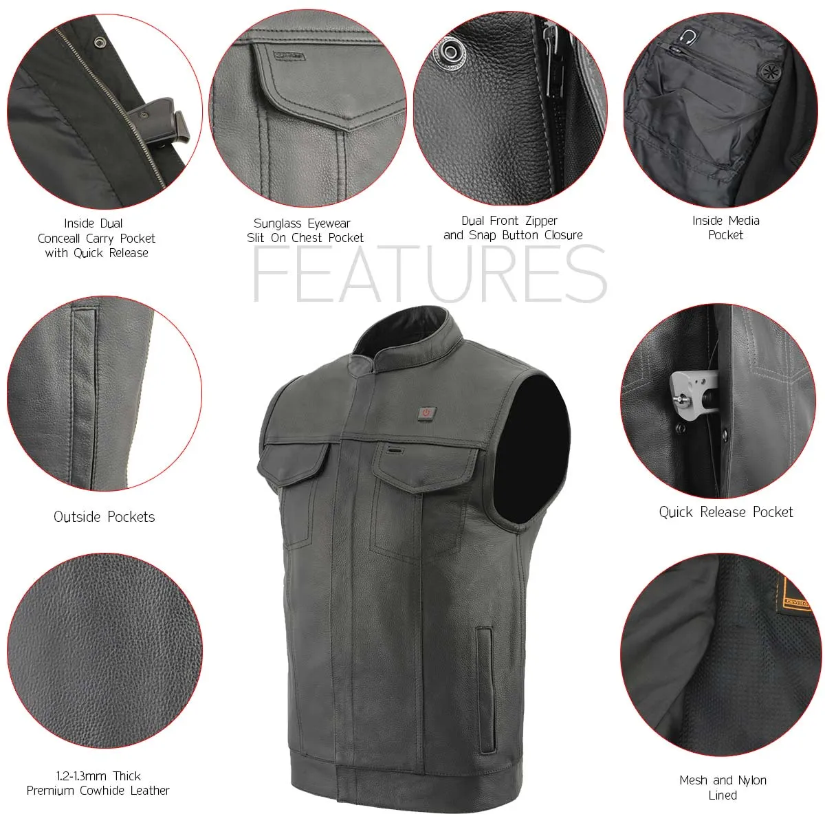 Milwaukee Leather MLM3524SET Men's Black 'All Season' Leather Club Style Vest with Heated and Cool-Tec Technology