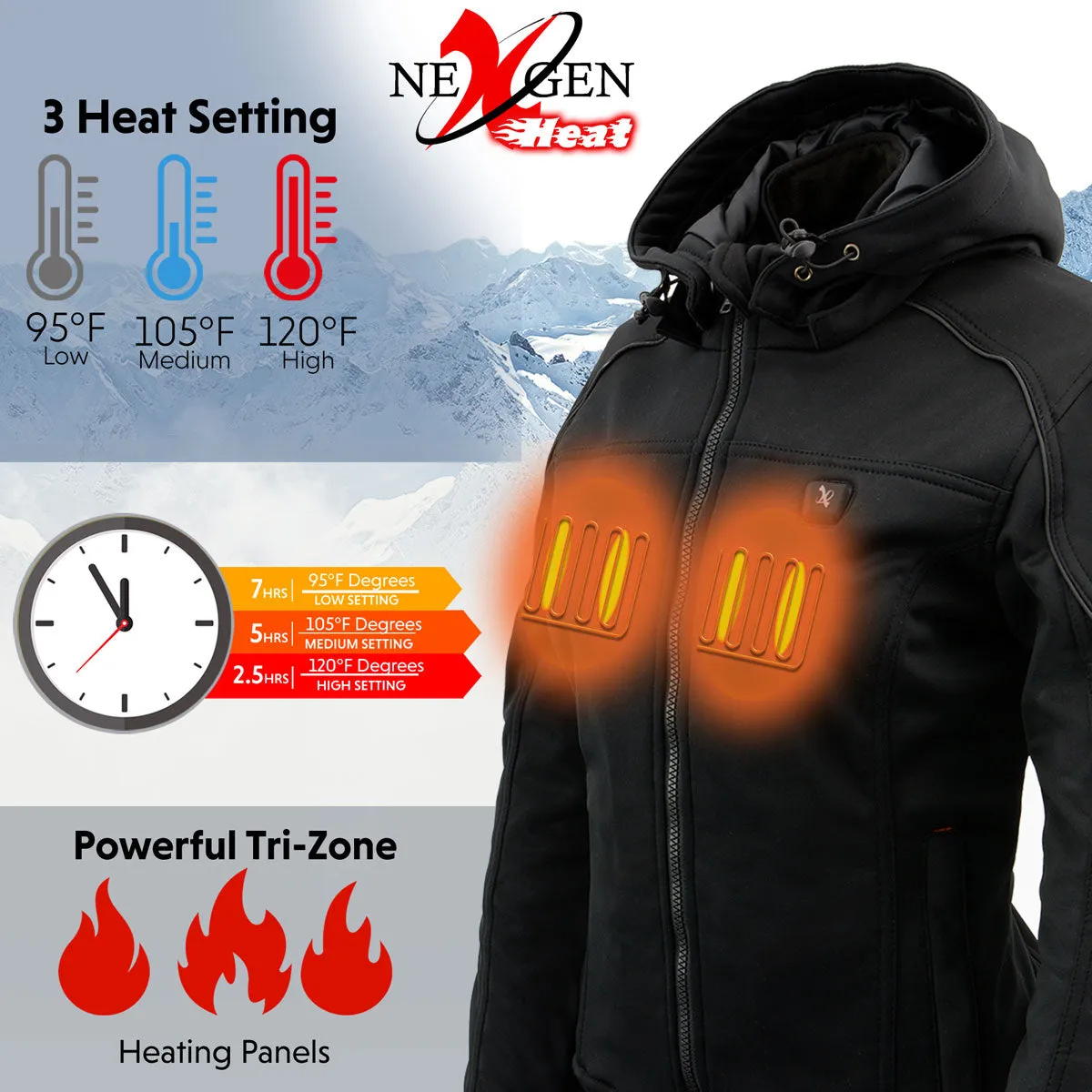 Nexgen Heat MPL2761SET Women's Black 'Heated' Soft Shell Racing Style Heated Jacket for Hiking Riding w/ Battery