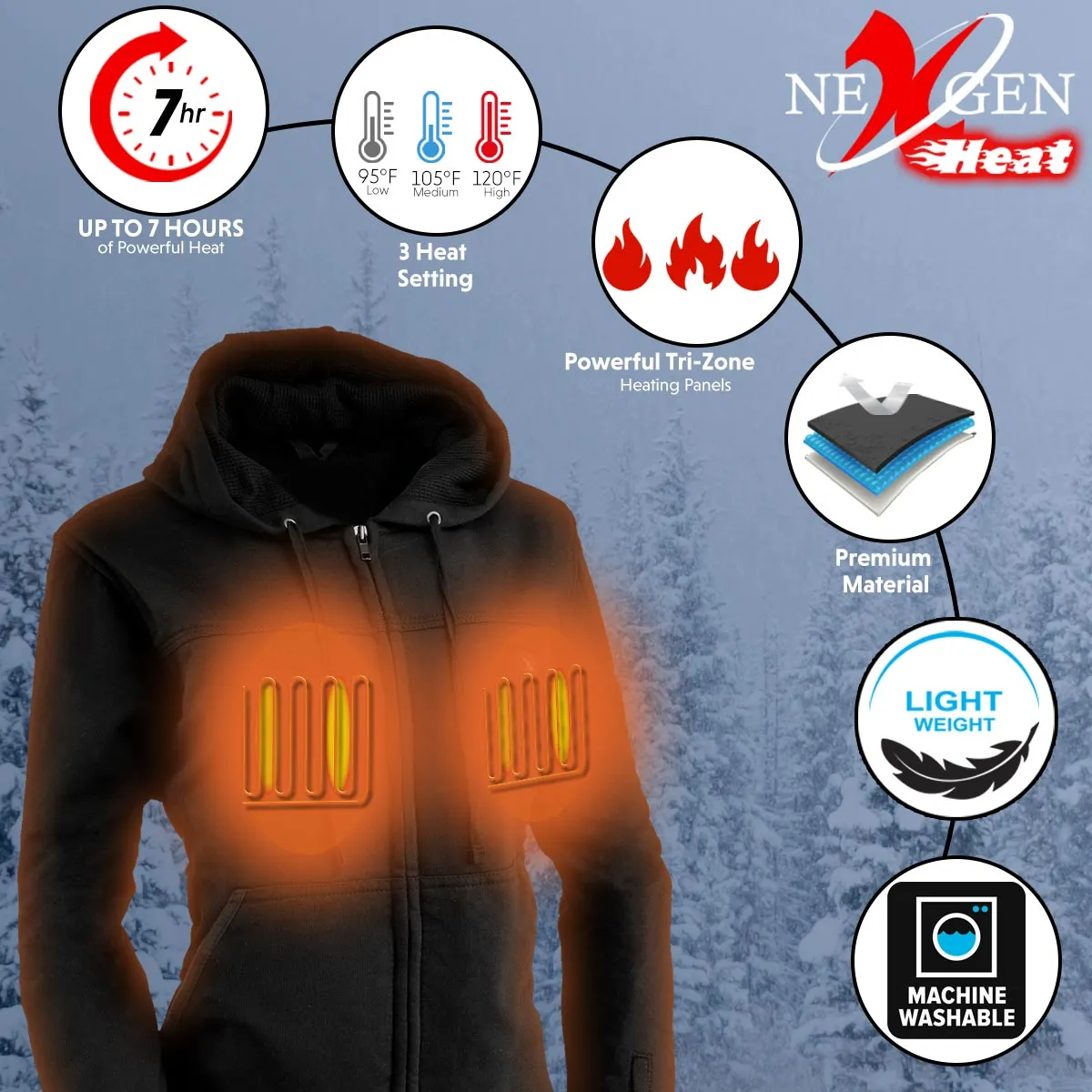 Nexgen Heat NXL2717DUAL Tech Women's Black Heated Jacket Sweatshirt Hoodie for Winter Cold Weather w/ Battery