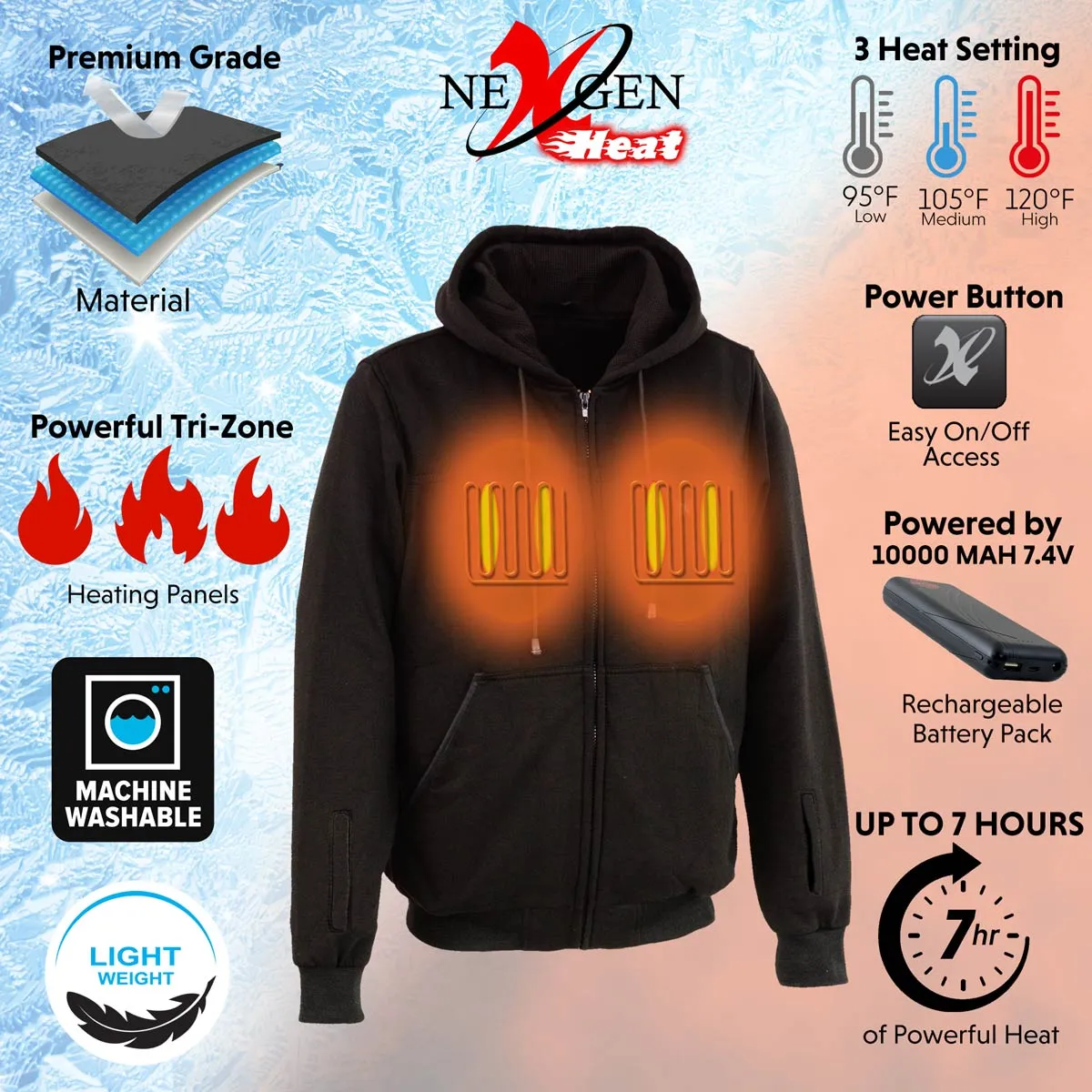 Nexgen Heat NXM1717DUAL Technology Men's “Fiery’’ Heated Hoodie- Black Sweatshirt Jacket for Winter w/ Battery Pack