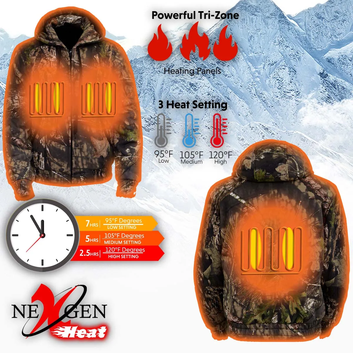 Nexgen Heat NXM1776SET Men's Camouflaged Heated Zipper Hoodies - Warming Camo Hoodie for Hunting w/ Battery