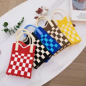 Portable Small Cloth Bag Cross-Border New Arrival Fashion Plaid Knitted Tote Bag Versatile Leisure Phone Bag Women's Shoulder Bag