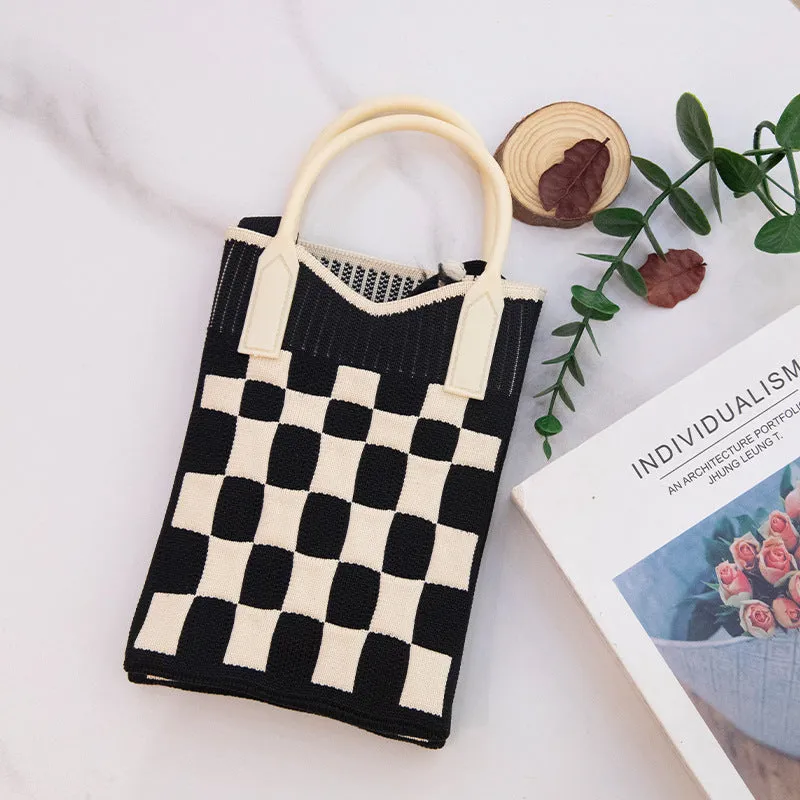 Portable Small Cloth Bag Cross-Border New Arrival Fashion Plaid Knitted Tote Bag Versatile Leisure Phone Bag Women's Shoulder Bag