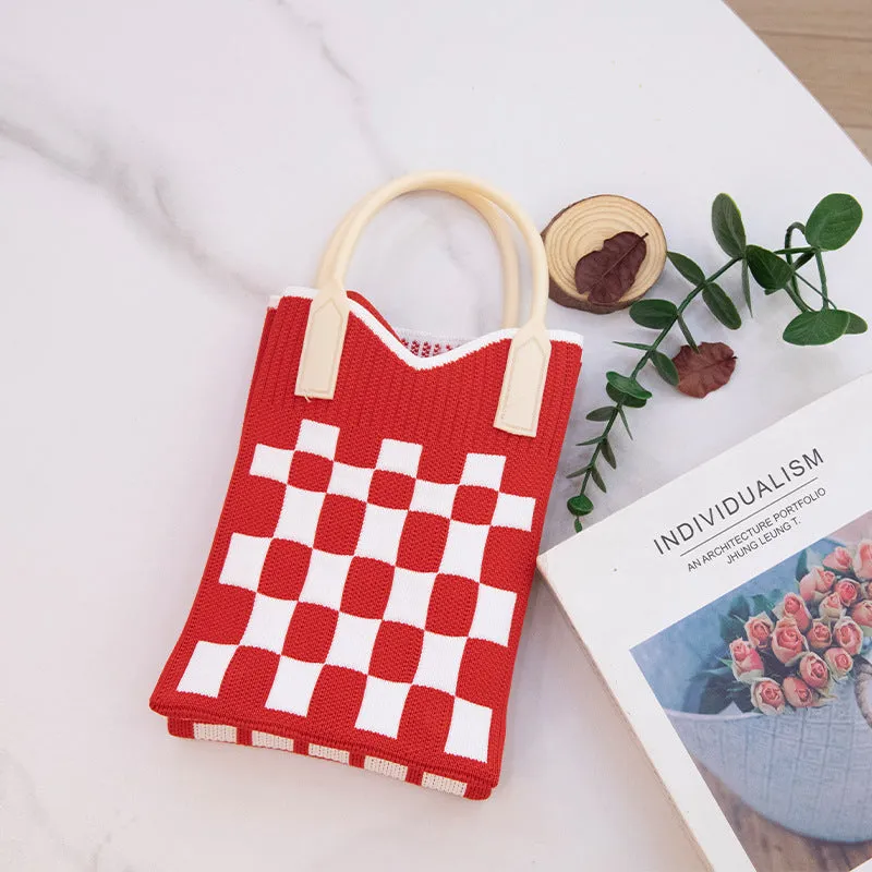 Portable Small Cloth Bag Cross-Border New Arrival Fashion Plaid Knitted Tote Bag Versatile Leisure Phone Bag Women's Shoulder Bag