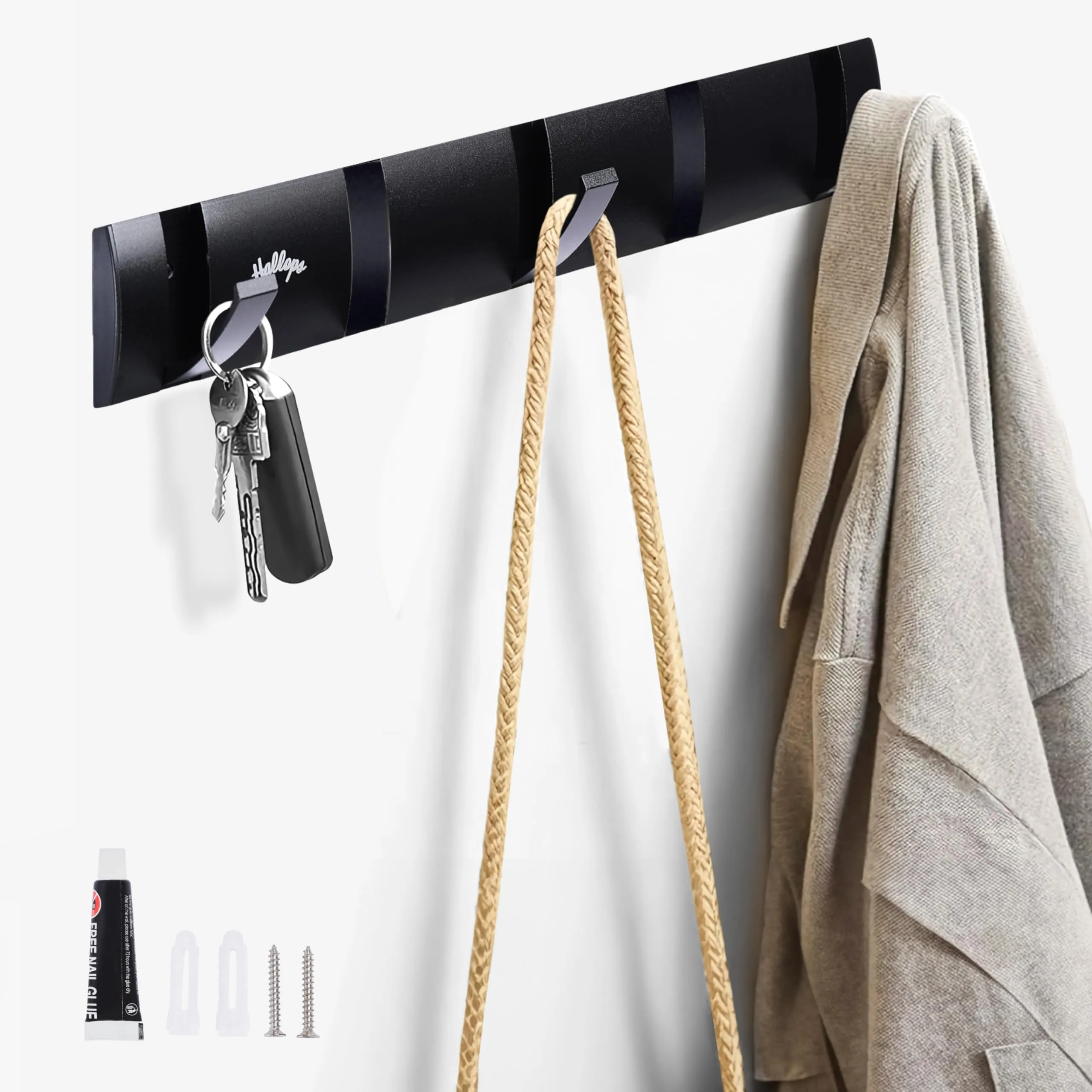 Retractable Hook - Black Coat Rack Wall Mount - 157 X 23 In Metal Hardwood Base