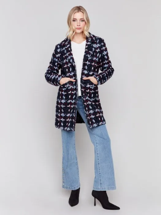 Straight Cut Plaid Bouclé Knit Coat