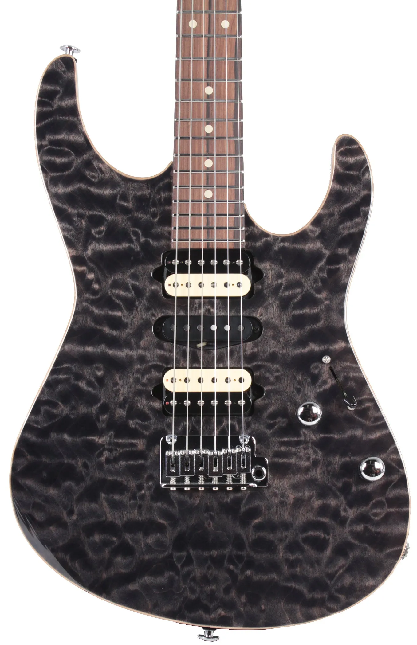 Suhr Modern Select Guitar, Quilted Maple, Trans Charcoal