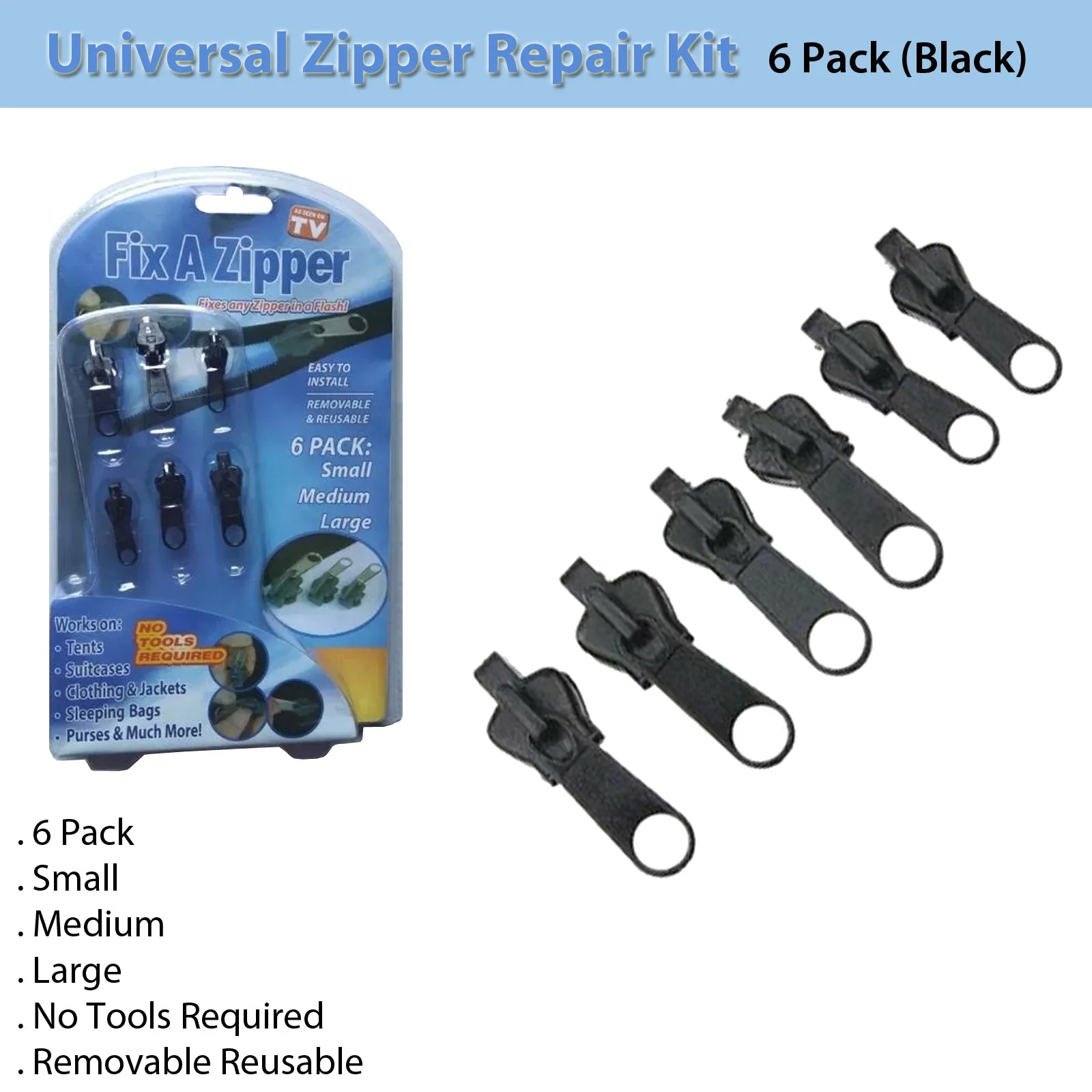 Universal Zipper Repair Kit - 6 Pack (Black) for All Your Zipper Needs