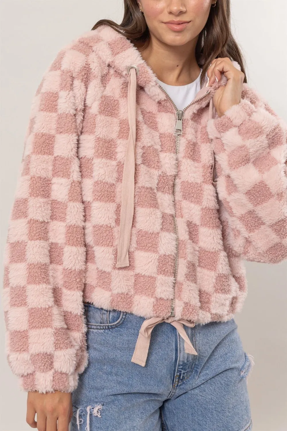 Zip Up Sherpa Checkered Hooded Jacket